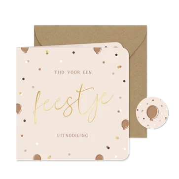 Stijlvolle uitnodiging feestje ballonnetjes beige confetti 